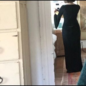 Dark green velvet bell sleeve long formal gown.